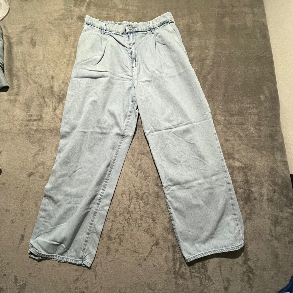 Uniqlo Wide Leg Jeans Womens XL Light Blue Pleated Elastic Waist Denim Pants